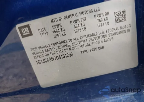 2013 Chevrolet Sonic Lt Auto из США, поврежденный, VIN 1G1JC6SH7D4151295